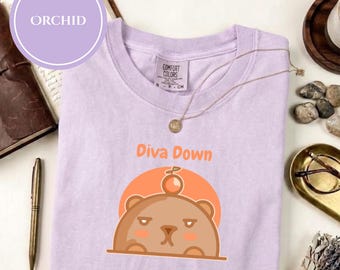 Camiseta Diva Down Comfort Colors Capybara, Camiseta divertida Kawaii, Ropa Cutecore, Regalo gráfico para amantes de los animales
