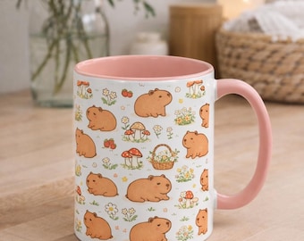 Taza de capibara con estampado floral / Taza de café con diseño de animal kawaii cottagecore