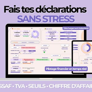 Puede incluir: Un portátil y una tableta que muestran datos financieros sobre un fondo morado claro. La pantalla del portátil muestra gráficos y cifras, con texto en francés. La tableta refleja los datos. El texto en la parte superior dice "Fais tes déclarations SANS STRESS".