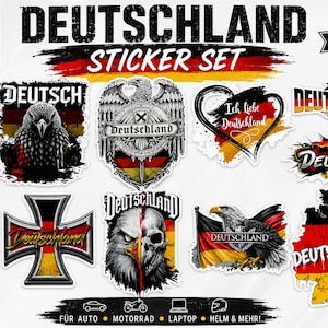 Könnte beinhalten: Ein Set mit 10 Deutschland-Aufklebern. Die Aufkleber zeigen die Farben der deutschen Flagge, Adler und das Wort "Deutschland". Das Set enthält Aufkleber mit dem Text "Ich liebe Deutschland" und eine Deutschlandkarte. Die Aufkleber sind wasserfest und UV-beständig.