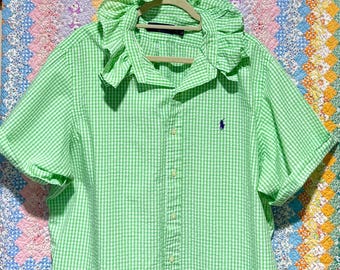 Upcycled Ralph Lauren Gingham Ruffle Collar Shirt | Green Seersucker Button Down | XXL