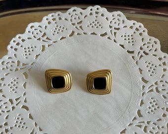 Geometric Gold Frame Black Enamel Statement Earrings