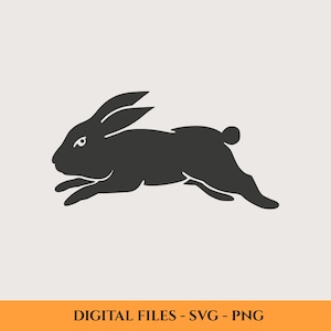 Puede incluir: Silueta negra de un conejo corriendo sobre un fondo beige claro. El conejo se representa en pleno salto, con las orejas erguidas y las patas extendidas. El texto "DIGITAL FILES - SVG - PNG" se muestra en una barra naranja en la parte inferior.