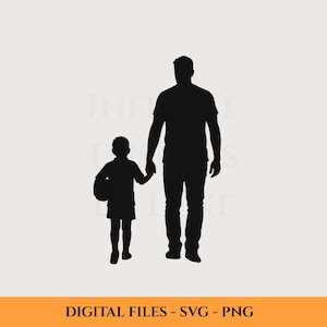 Könnte beinhalten: Eine schwarze Silhouette eines Elternteils und eines Kindes, die sich an den Händen halten. Das Kind trägt einen Ball. Der Text "DIGITAL FILES - SVG - PNG" befindet sich am unteren Rand des Bildes.
