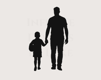Father and Son Silhouette SVG, Little Boy With Rugby Ball, Dad Holding Hand Simple Outline, PNG Cricut File, Lasercut, Black Stencil