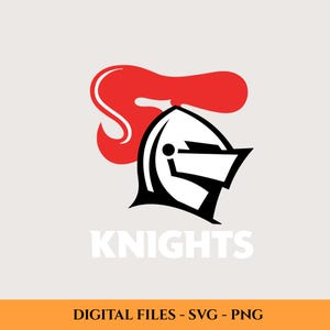 Może przedstawiać: Czarno-biały hełm rycerski z czerwoną pióropuszem na jasnoszarym tle. Słowo "KNIGHTS" jest wyświetlane białymi literami blokowymi pod hełmem. Na dole obrazu widnieje napis "DIGITAL FILES - SVG - PNG".
