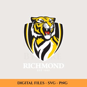 Op de afbeelding: Een schildvormig logo met een brullende tijger in geel, zwart en wit. De kop van de tijger staat centraal, met open mond en tanden. De woorden "RICHMOND" en "EST 1885" staan eronder. De onderkant van de afbeelding luidt "DIGITAL FILES - SVG - PNG".