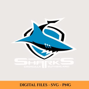 May include: A blue and black shark logo with the word "SHARKS" and "CRONULLA SUTHERLAND" in white text. The shark is inside a shield shape. The bottom of the image has the text "DIGITAL FILES - SVG - PNG".