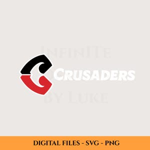 Puede incluir: Un logotipo con una letra "C" estilizada en negro y rojo, y la palabra "Crusaders" en blanco. El texto "DIGITAL FILES - SVG - PNG" está en la parte inferior. El fondo es de color beige claro.