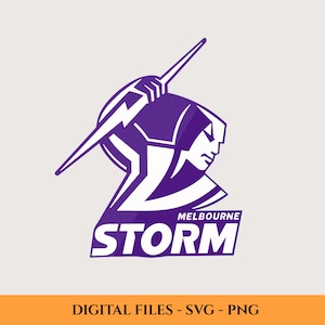 May include: A purple and white logo depicting a warrior figure with a lightning bolt, and the words "MELBOURNE STORM". The text "DIGITAL FILES - SVG - PNG" is at the bottom of the image.