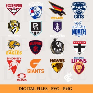 May include: A grid of Australian Football League team logos, such as Essendon, Western Bulldogs, Adelaide, Geelong Cats, Richmond, Fremantle Dockers, North Melbourne, West Coast Eagles, Sydney, Melbourne, Collingwood, St Kilda, and Brisbane Lions. The text "DIGITAL FILES - SVG - PNG" is at the bottom.