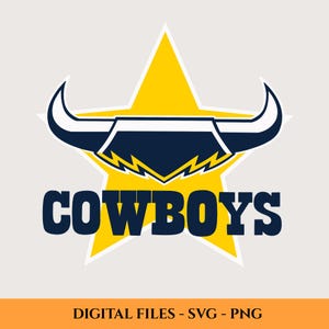 May include: A digital graphic featuring the word "COWBOYS" in bold, navy blue letters. Above the text is a navy blue and white bull's head design set against a yellow star. The bottom of the image reads "DIGITAL FILES - SVG - PNG".