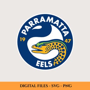 Op de afbeelding: Een cirkelvormig logo met een geel en groen palingontwerp in een blauw en wit embleem. Het woord "PARRAMATTA" staat bovenaan, met "19" en "47" aan weerszijden. Het woord "EELS" staat onderaan. De tekst "DIGITAL FILES - SVG - PNG" staat onderaan.