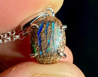 Boulder Matrix Opal Pendant 2.5ct Sterling Silver Australian Solid Opal Necklace Blue Green 12x8mm