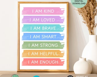 Rainbow Kids Affirmations Poster Positive Daily Affirmations Boho Classroom & Nursery Wall Art Mental Health Decor I am Kind I am Brave