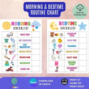 Op de afbeelding: Een kleurrijke digitale downloadkaart met de titel "Morning & Bedtime Routine Chart". De kaart is verdeeld in de secties "Morning Checklist" en "Bedtime Checklist", elk met geïllustreerde taken zoals "Make Bed" en "Clean Up Toys". De kaart bevat de tekst "Digital Download".