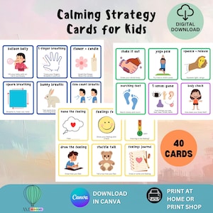 May include: A set of 40 calming strategy cards for kids, featuring various techniques like breathing exercises, yoga poses, and body checks. The cards are designed for digital download and print at home.