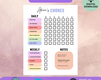 Kids Chore Chart Printable, Editable Daily & Weekly Responsibility Chart, Rainbow Chore Planner Responsibility Checklist Household Chores