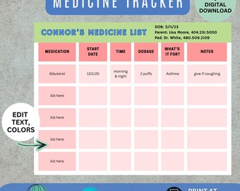 Kids Medication Chart Printable | Editable Medication Tracker, Medication Log, Medicine Chart, Kids Medication List Medication Record