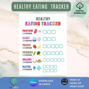 Op de afbeelding: Een kleurrijke, afdrukbare gezonde eettracker met secties voor eiwitten, zuivel, fruit, groenten, granen en water. Elke sectie heeft een portiedoel en selectievakjes. De tekst "Healthy Eating Tracker" staat bovenaan.