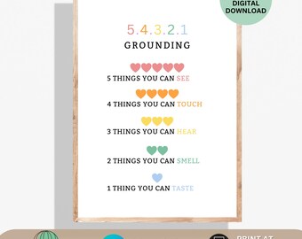 54321 Grounding Exercise Anxiety Relief Coping Skills Art Calm Down Corner School Counselor Decor Emotional Regulation Therapy Office Decor