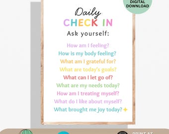 Daily Check In Poster Printable Mental Health Poster Calm Down Corner Decor Self Care Feelings Chart School Counselor Wall Art Therapy Decor