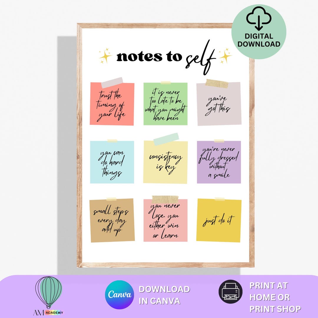 Notes to Self Motivational Quotes Print Mental Health Poster Sticky ...