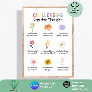 Może przedstawiać: Oprawiony wydruk zatytułowany "CHALLENGING Negative Thoughts" z kolorowym tekstem i kwiatowymi ilustracjami. Wydruk zawiera pytania, które pomagają zakwestionować negatywne myśli. Widoczne są również słowa "DIGITAL DOWNLOAD" i "PRINT AT HOME OR PRINT SHOP".
