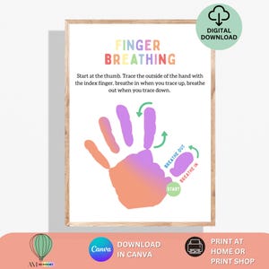 Puede incluir: Una impresión enmarcada con las palabras "FINGER BREATHING" en letras coloridas. La impresión presenta un contorno de mano con instrucciones para la respiración con los dedos, incluyendo flechas "Inhala" y "Exhala". Descarga digital disponible.