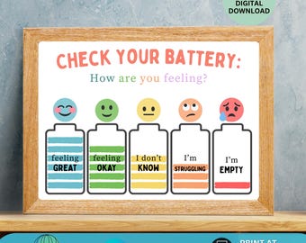 Check Your Battery Feelings Poster Emotional Regulation Printable Zones of Regulation Wall Art Therapy Classroom Decor Feelings Thermometer
