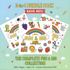 Pode incluir: Um pacote de livros de colorir infantis com ilustrações coloridas, incluindo um dinossauro, um arco-íris e um cão. O texto diz "FUN & BIG" e "THE COMPLETE FUN & BIG COLLECTION".