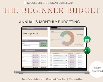 May include: A laptop displays a beginner budget spreadsheet for annual and monthly budgeting. The screen shows a financial overview with charts, graphs, and auto-calculation features. Text includes "The Beginner Budget" and "Instant Download."