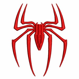 Op de afbeelding: Een rood spinnenembleem met acht poten en een centraal lichaam, geborduurd op een witte achtergrond. Het spinnendesign is symmetrisch en gedetailleerd, met een textuur. Dit embleem is geschikt voor kleding en accessoires.