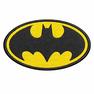 May include: Embroidered patch featuring the iconic Batman logo. The design showcases a black bat silhouette within a yellow oval, outlined with a black border. The patch is likely for application on clothing or accessories.