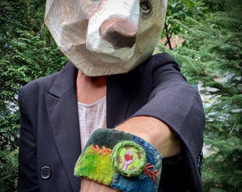 Protecting Love - fabric cuff with pyrography focal in greens