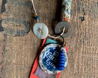 bottle cap talisman necklace: Corona Extra, found vintage bits, acorn top magic