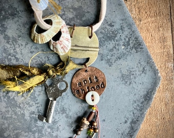 found-bit talisman: "spit shined" stamped penny, shells, vintage key and beads