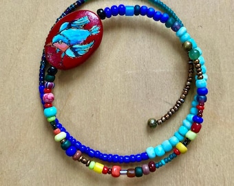 little bird- beaded wire bracelet with glass beads and pyrographed, double sided wood bead