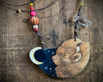 Buffalo moon necklace with crystal, colorful beads on adjustable string