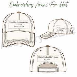 May include: Diagram of a baseball cap with labeled embroidery areas. The front area is 5.5 x 13 cm or 2.5 x 3.7 inches. The side area is 5 x 4 cm or 2 x 1.6 inches. The back area is 6 x 5 cm or 2.4 x 2 inches. Text reads "Embroidery Areas For Hat."