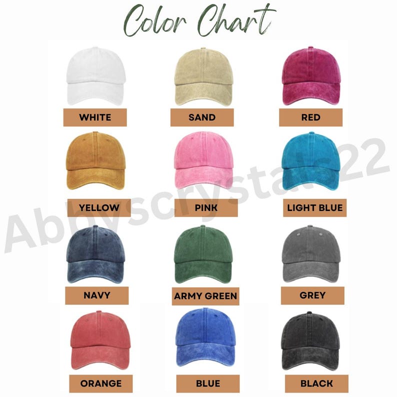 May include: A color chart displaying baseball caps in various colors, including white, sand, red, yellow, pink, light blue, navy, army green, grey, orange, blue, and black. The text "Color Chart" is at the top.