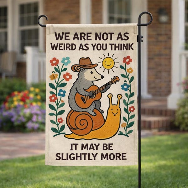 Snail And Opossum Illustration Polyester Garden Flag, Funny Animal Quote Flag, Quirky Yard Decor, Vintage Humor Flag, Outdoor Garden Decor