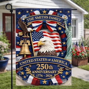 Gepersonaliseerde tuinvlag 250-jarig jubileum Amerika, patriottische vlag 1776-2026, woondecoratie semi-quincentennial familienaam