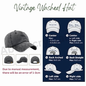 May include: A vintage washed gray hat with a curved brim. The image includes diagrams showing dimensions in centimeters and text that says "Text you here". The text "Due to manual measurement, there will be an error of 1-3cm" is also present.