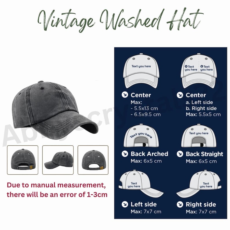 May include: A vintage washed gray hat with a curved brim. The image includes diagrams showing dimensions in centimeters and text that says "Text you here". The text "Due to manual measurement, there will be an error of 1-3cm" is also present.