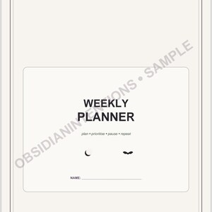May include: A white weekly planner page titled THE SPOOKY WEEK, A witchy little planner for organised chaos. The center features the text WEEKLY PLANNER, plan • prioritise • pause • repeat, and a name line. Includes moon and bat icons.
