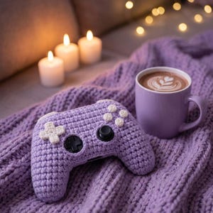 Pode incluir: Uma capa de crochê lavanda para controle de videogame com botões direcionais e de ação brancos, acompanhada por uma caneca de cerâmica lavanda combinando com um latte com arte em espuma de coração, sobre um cobertor de tricô grosso lavanda.
