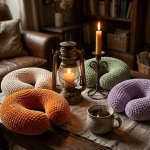 Può includere: Una scena accogliente con quattro cuscini da viaggio a forma di U color crema, arancione, verde e viola. Una candela accesa, una lanterna vintage e una tazza di caffè sono su un tavolo di legno. I cuscini sono in materiale morbido e strutturato.