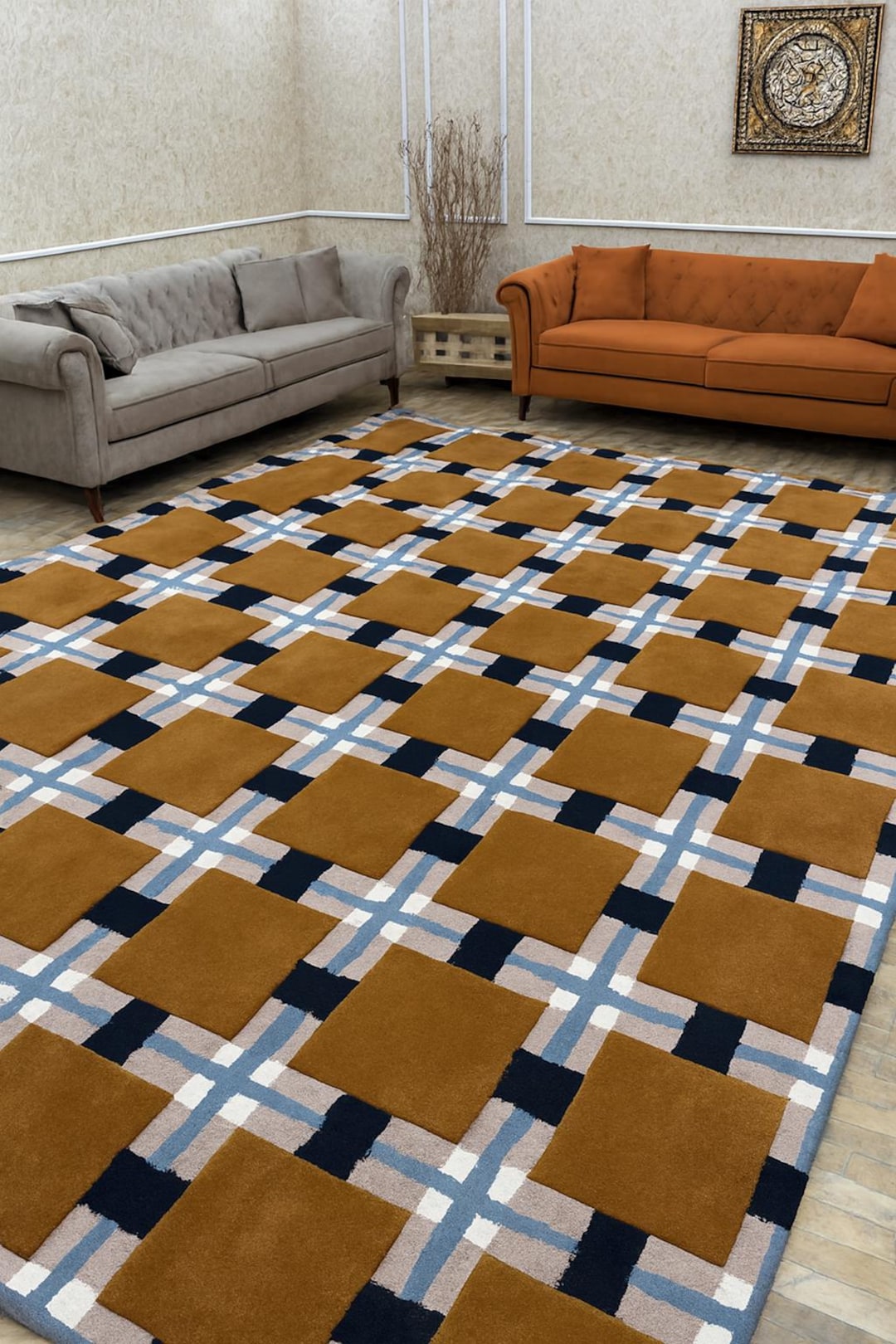 Blue Checked Rug Modern Tan & Blue Checkered Wool Area Rug | Hand-tufted Geometric ...