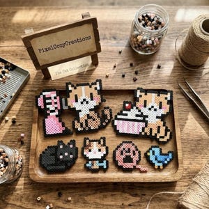May include: A collection of pixel art cat designs, including a pink cat, a calico cat, a cat with a cupcake, a black cat, a cat with a blue bow tie, a ball of yarn, and a blue bird. The sign reads "Pixel Cozy Creations" and "The Cat Collection".